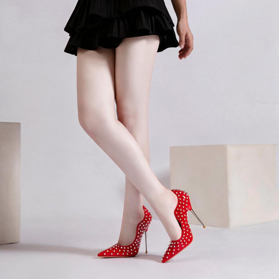 Giày cao gót nữ mũi nhọn gót 13 cm đính đinh tán, kiểu hở mũi gợi cảm — Màu tím, màu đen, màu đỏ chi tiết 13