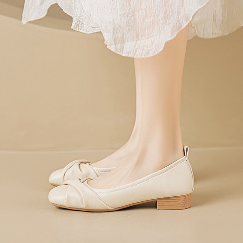 Whiskey Girl 9169-5 Thick Heel Single Shoes Women's Summer Shallow Mouth Low Heel Soft Sole Peas Shoes Wide Fat Feet Large Size Women's Shoes
