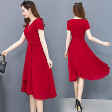 高档红色雪纺连衣裙新款大码女装夏天中长款洋气中年妈妈领裙子