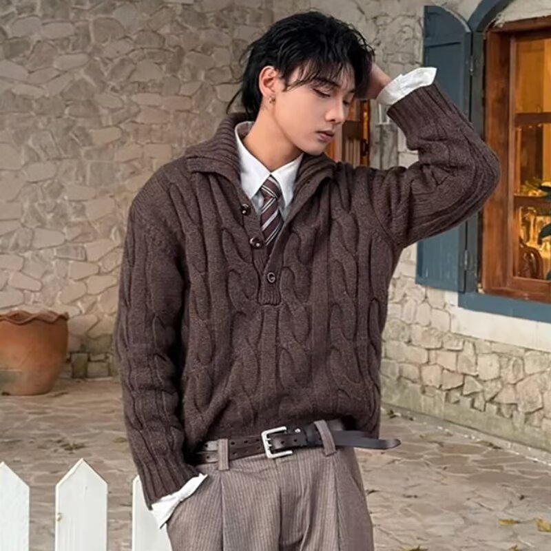 Men's Cable Knit Sweater Chunky Embossed Texture Pullover Jumper_voghion.com