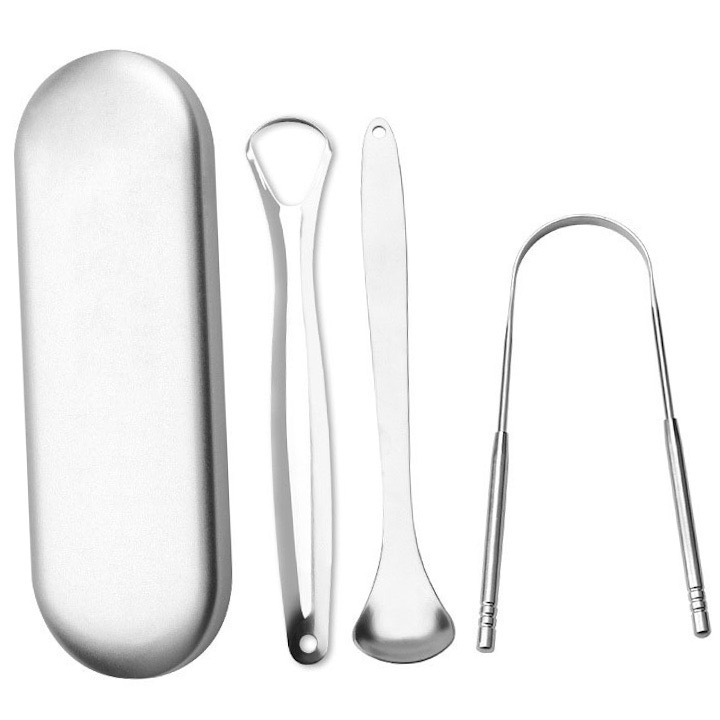 Venta caliente plata 3-Piece Set en forma de U de raspado de la lengua de acero inoxidable revestimiento de la lengua limpiador de limpieza oral herramienta de raspado de la lengua