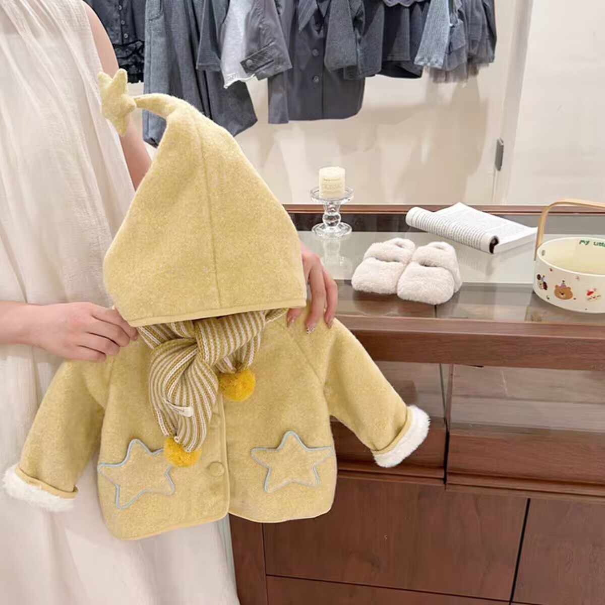 Girls' Fleece-Lined Thickened Winter Coat, Baby Hooded Polar Fleece Warm Cotton Jacket, Children's Elf Hat Top Wholesale