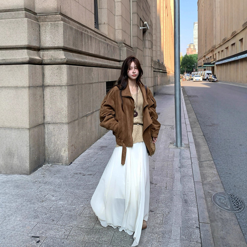 麂皮绒机车外套秋季复古美拉德休闲宽松慵懒翻领廓形感夹克女|undefined