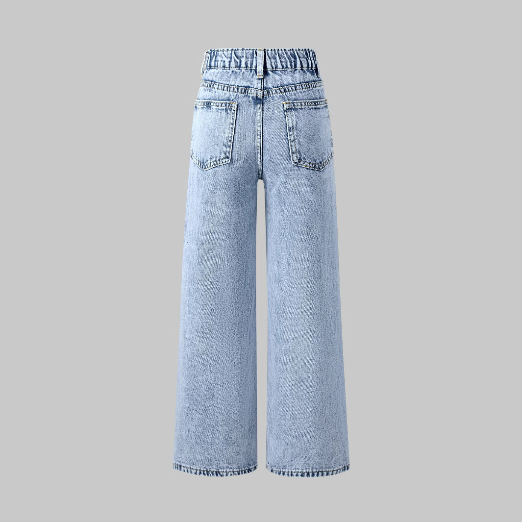 Girl's Snowflake Washed Ripped Print Wide Leg Jeans_voghion.com