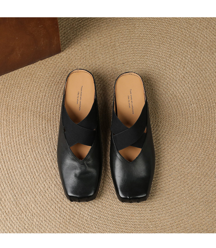 Giày búp bê mũi vuông retro da ngựa, quai sau hở, dép sandal mới hè — đen chi tiết 12