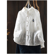 秋季新款 小衫女士白色纯刺绣宽松百搭气质长袖衬衫9585