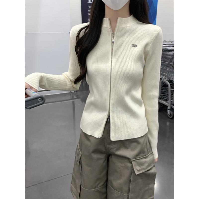 Spring 2026 New Style Double Zipper Sweater Jacket for Women, Cardigan with Stand Collar, Long Sleeves, Slim Fit Knit Top, Inner Layer Base Layer Spring 2026 New Style Double Zipper Sweater Jacket for Women, Cardigan with Stand Collar, Long Sleeves, Slim Fit Knit Top, Inner Layer Base Layer