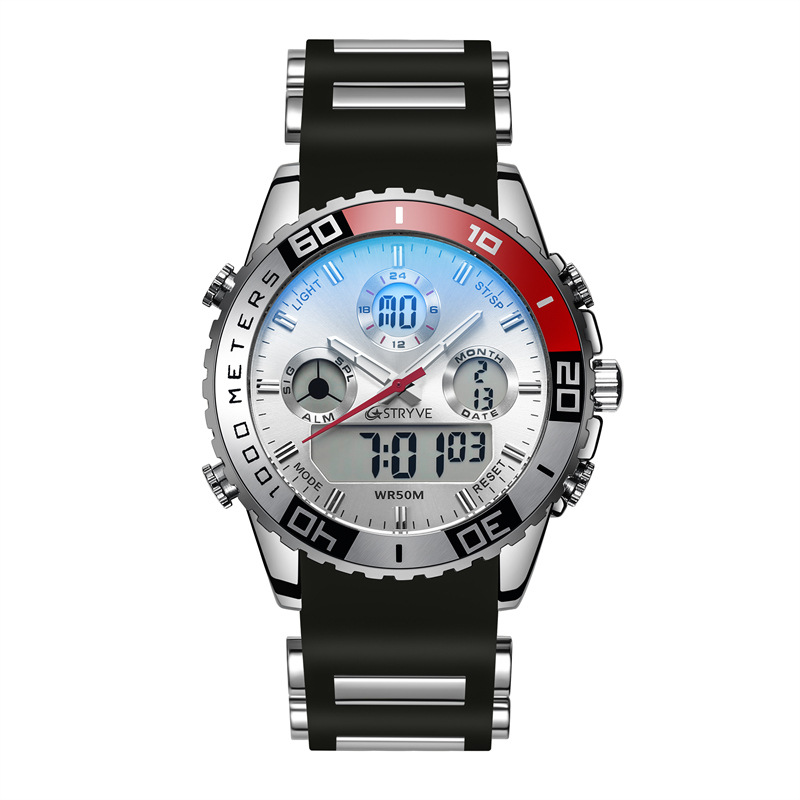 Stryve hombres de doble pantalla deportes impermeable reloj electrónico cuarzo calendario cuarzo reloj luminoso s8023