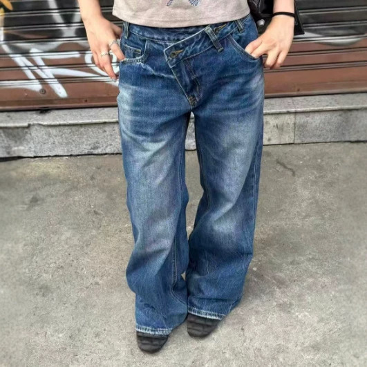 High-Quality Diagonal Placket Design with Paris Buckle, Straight-Leg Jeans for Women and Men, Washed Mid-Low Waist, Distressed Vintage Long Pants
