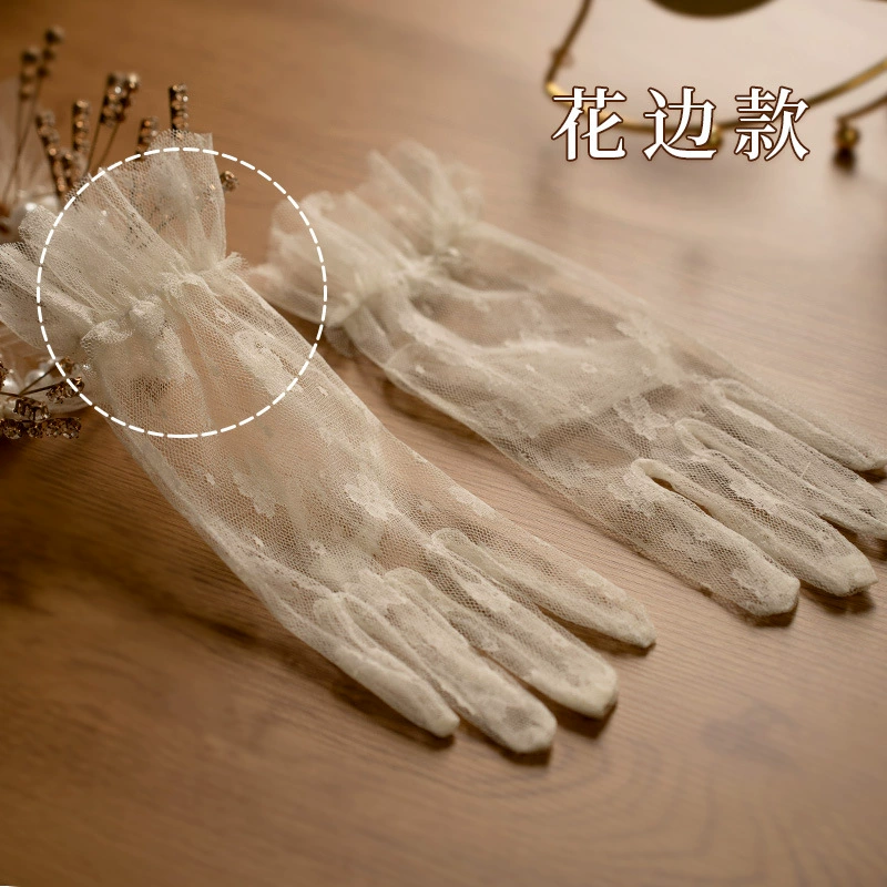 Wedding dress for bride, retro lace short gloves with bow from pearl, high-quality style