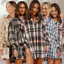 休闲时尚25年欧美外贸跨境秋冬款 格子灯笼袖长袖衬衫