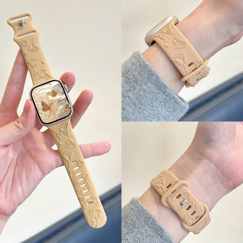 Suitable for Apple Watch 10Th Generation 42mm Sports Silicone Strap Iwatchs9876 Butterfly Print Rose Se Female