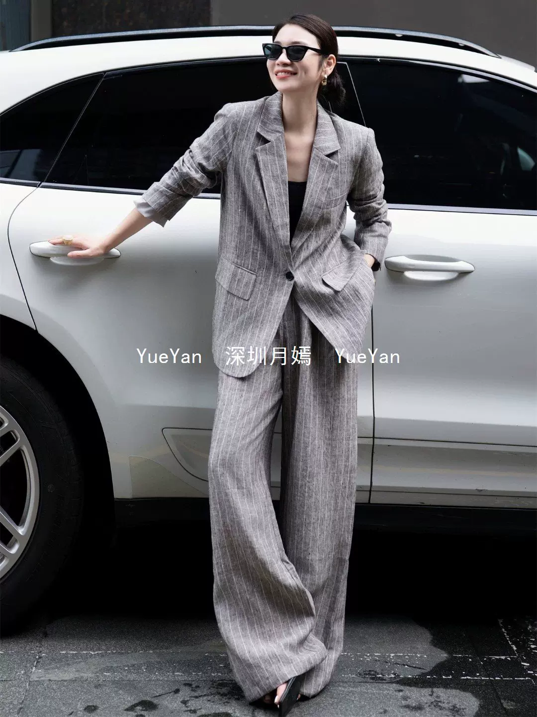 深圳南油女装欧货面料老钱风松弛条纹西装外套+阔腿裤两件套套装