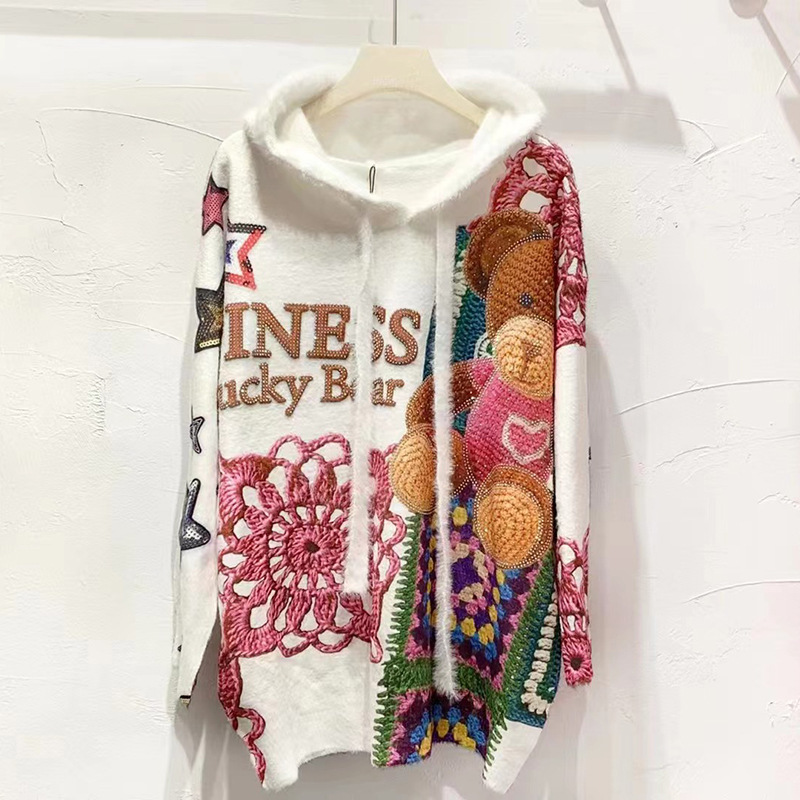 2023 nuevo Otoño e Invierno suéter de terciopelo de visón de imitación de manga larga bordado oso rhinestone forrado de lana más tamaño cálido Americano Superior