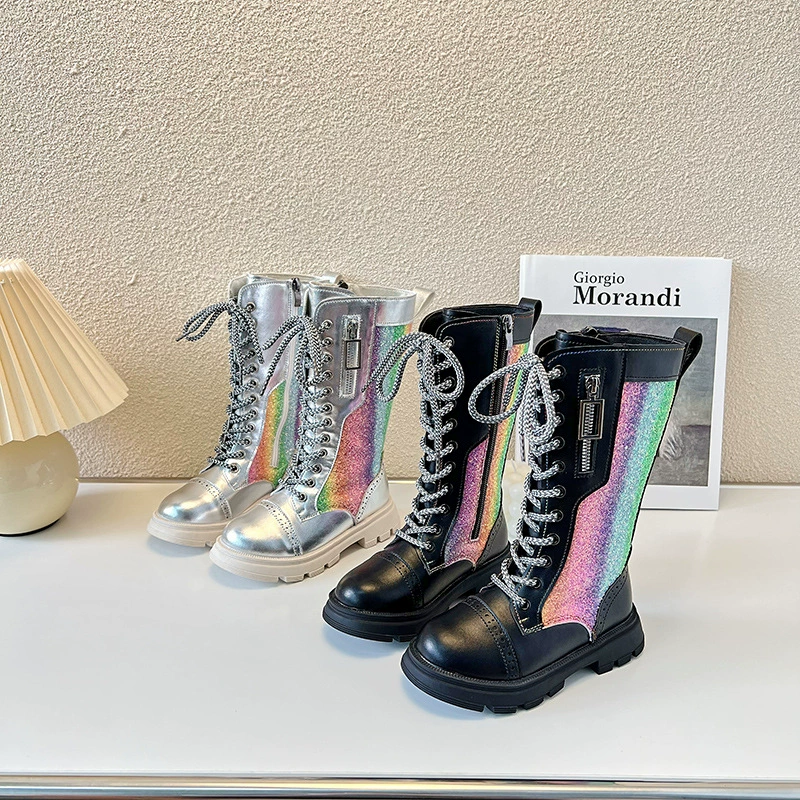 2022 осенне-зимние модные детские красивые рыцарские сапоги в британском стиле, красочные градиентные цвета, модные кожаные сапоги для девочек с высоким стволом