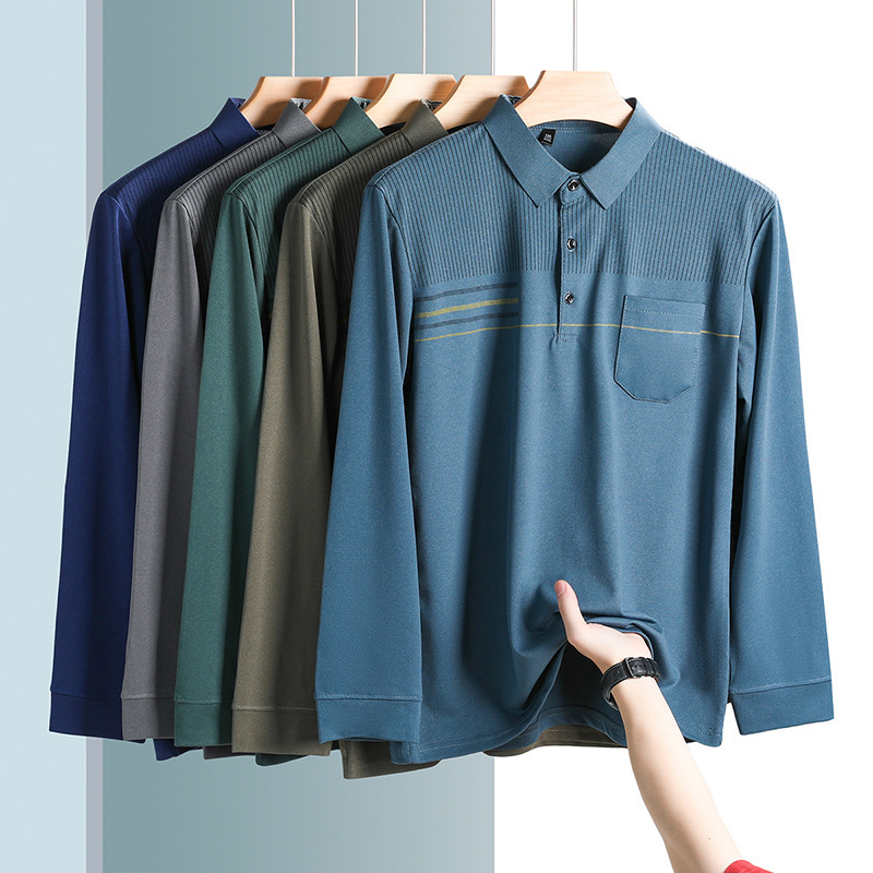 Autumn Dad's Long-sleeved T-shirt Men's POLO Base Shirt Striped Top Middle-aged and Elderly T-shirt Men's Real Pocket T Autumn Dad's Long-sleeved T-shirt Men's POLO Base Shirt Striped Top Middle-aged and Elderly T-shirt Men's Real Pocket T