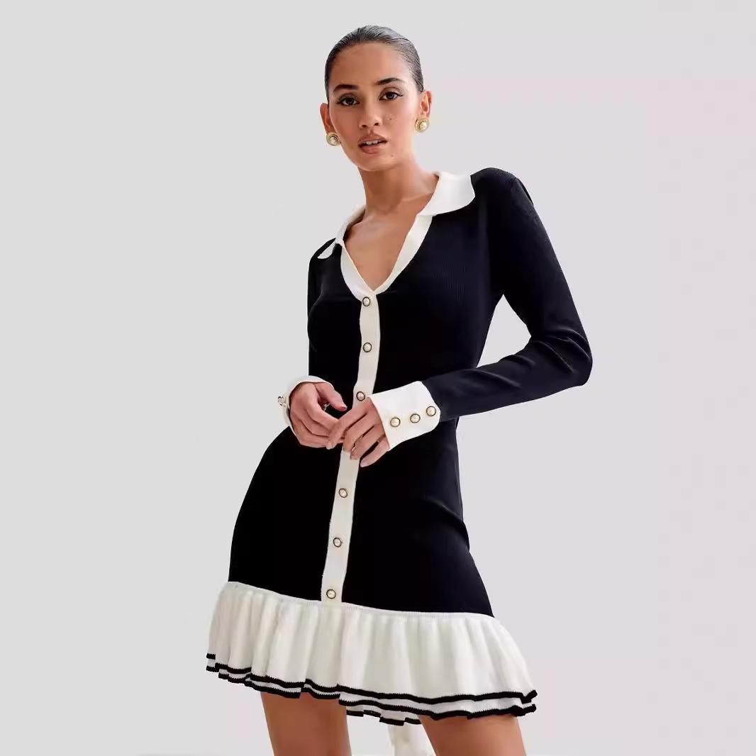 Women's Clothing bow tie ruffle knitted skirt sleeve pearl button small dress_voghion.com