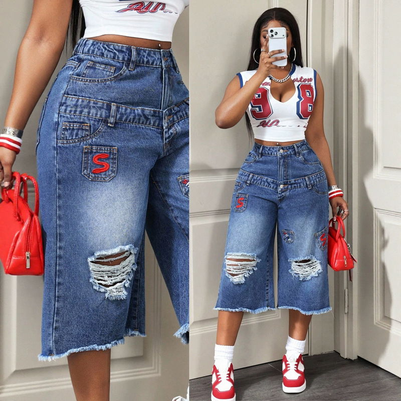 86-in-stock 66579 # Amazon cross-border trendy casual ripped and frayed women's jeans, versatile cropped pants