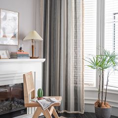 I'manqi Yun Curtain Finished Product, Striped Yarn-Dyed White with Contrasting Color Trim, Kitchen Curtain in Country Style, Semi-Blackout Window Treatment for Living Room