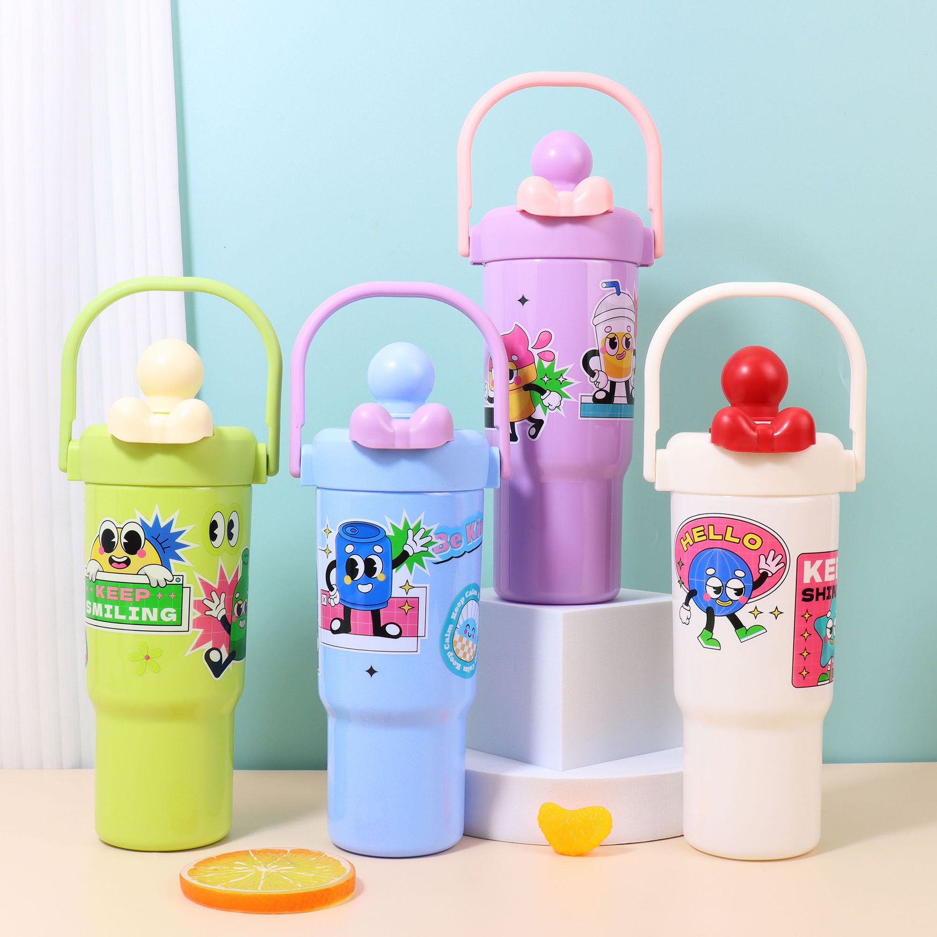 新款彩色系蝴蝶结冰霸杯塑料吸管杯大容量夏季便捷随行杯带提手