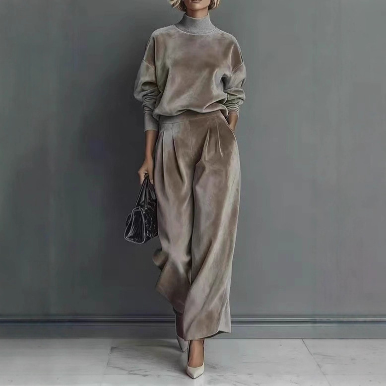 Hochwertiges zweiteiliges Strickset für Damen im europäischen und amerikanischen Stil – Herbst/Winter: Langarmshirt und weite Hose._voghion.com