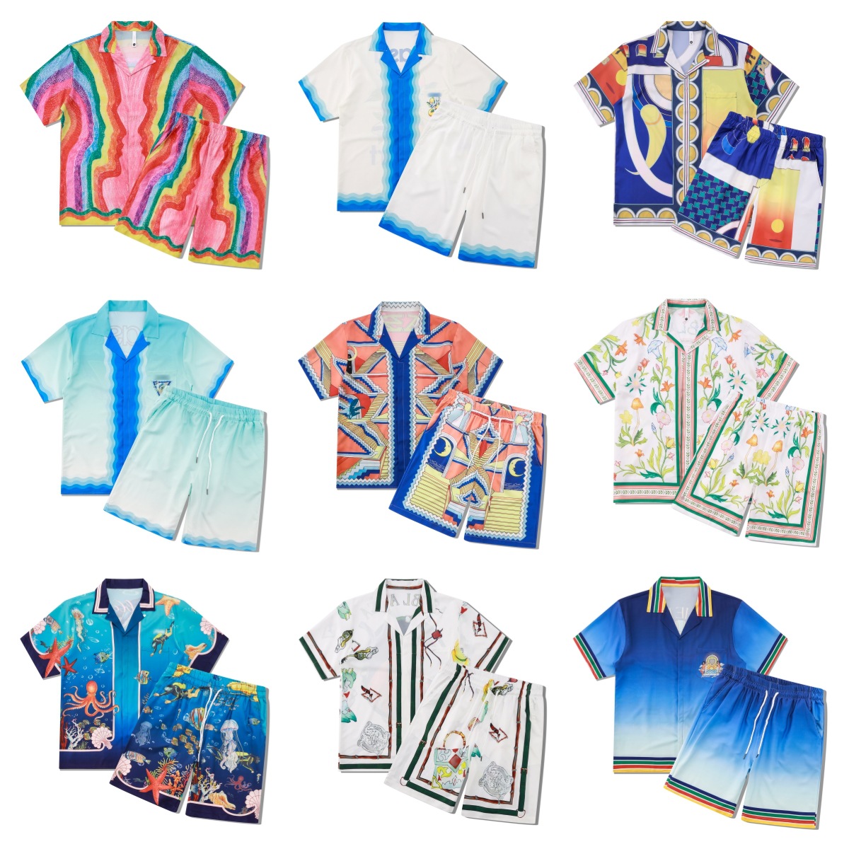 Foreign Trade Retro European and American Trendy Brand Hawaiian Beach Thin Short-Sleeved Shirt Suit Vacation Casual Printed Shorts for Men