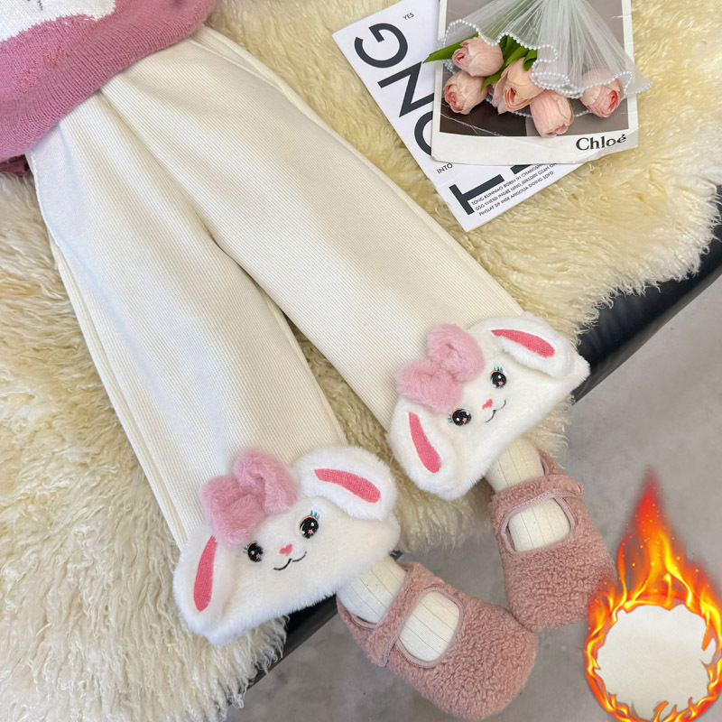 여자 기모 귀여운 토끼 캐주얼 바지 2024 가을 겨울 새 어린이 한국 소녀 두꺼운 겨울 바지