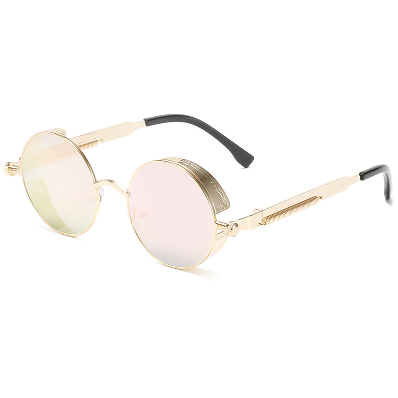 Cross-Border Popular Steampunk Metal Sunglasses Retro Metal Frame Sunglasses Round Thick Frame Spring Temple Sun
