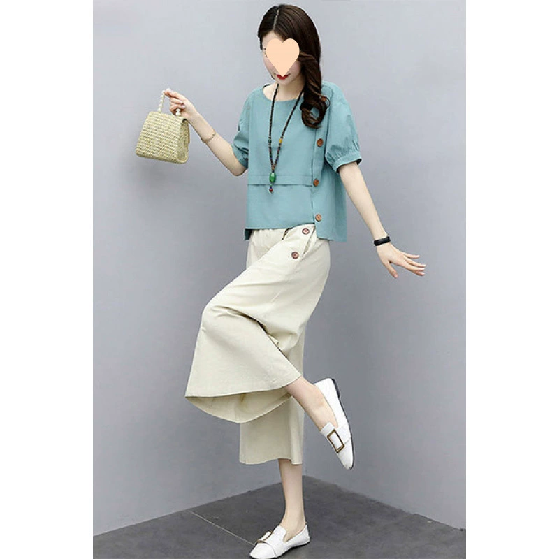 Женский костюм из хлопка и льна, широкие брюки, лето 2025, новый стиль ретро,  утонченный повседневный комплект из двух предметов