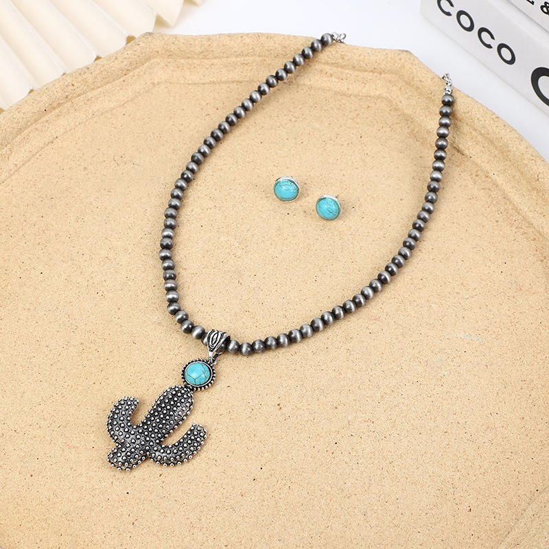 Casual Simple Style Cactus Alloy Turquoise Plating Men's Earrings Necklace display picture 2