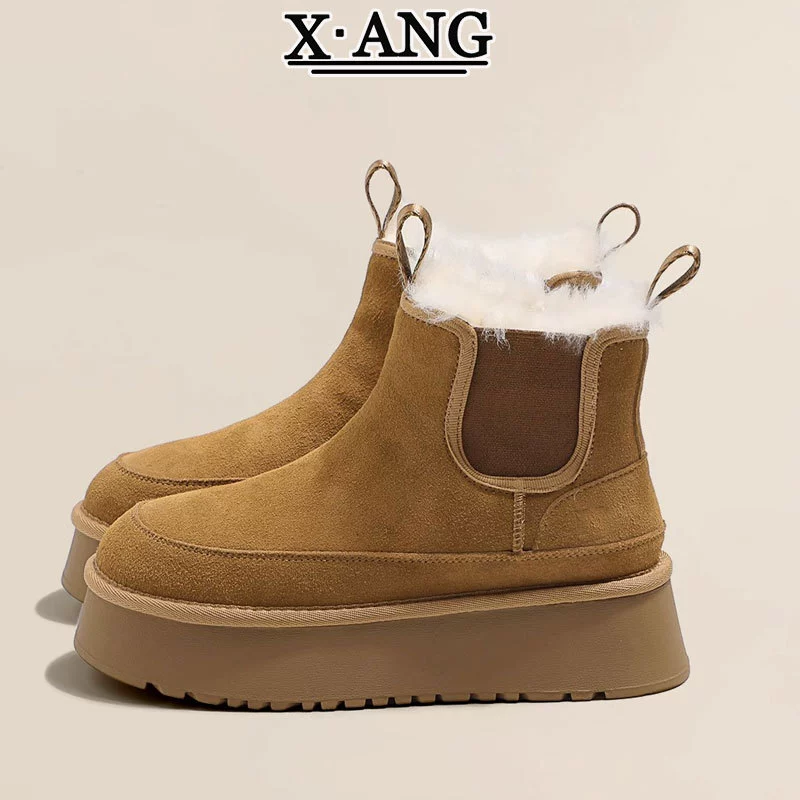 Зимние новые кожаные меховые в одном снегоступах женские толстые подошвы нескользящие и бархатные толстые теплые северо-восточные хлопчатобумажные ботинки короткие сапоги