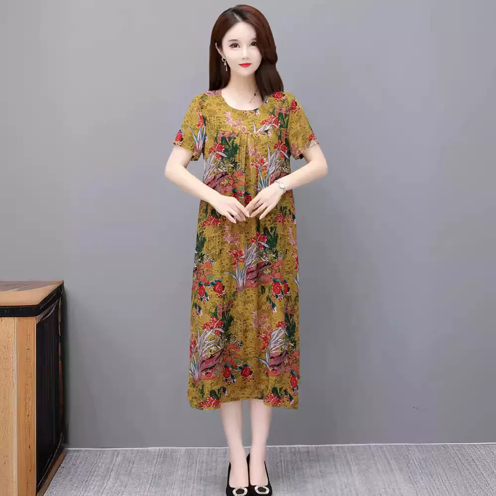 棉绸连衣裙长款时尚妈妈夏装宽松大码碎花短袖长裙子圆领遮肉显瘦