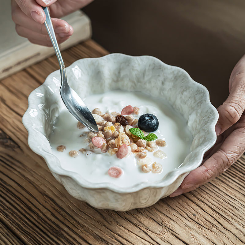 Cerámica retro arroz de arroz de alta sensación simple encaje en forma de ensalada de desayuno doméstico diario yogur tazón de avena
