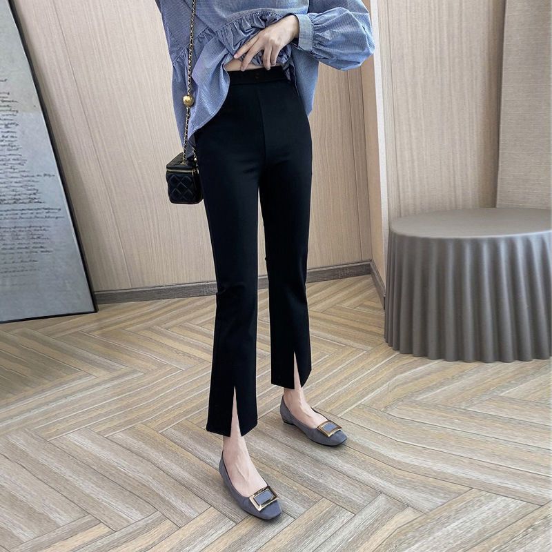 Stretch Ice Silk Micro-Flared Nine-Point Pants for Women in Spring and Summer Thin Elastic Slimming Look Slimming Look Seven or Eight Split Pants for Small People