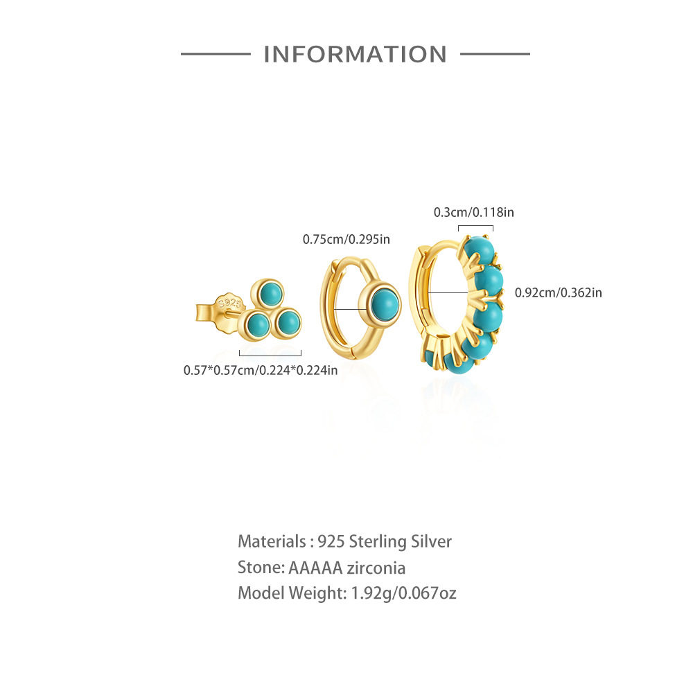 5g Weight 925 Sterling Silver Ear Needle Material December Birthstone Turquoise, Zircon Inlay Material Earrings Classification 3 Pieces Set Quantity Holiday, Daily Occasion 925 Sterling Silver Material Geometric Pattern Women's Gender Plating, Inlay Design Simple Style Style 3 Pieces Set 925 Sterling Silver Turquoise Zircon Geometric Earrings 无