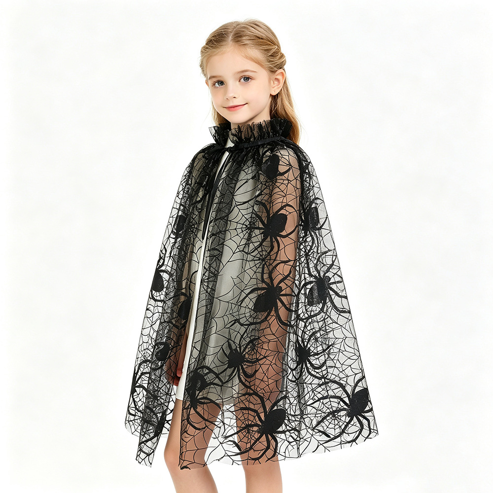 Halloween Mesh Cloak Girl's Outer Spider Bat Lace-Up Cloak Performance Party Kids Costume