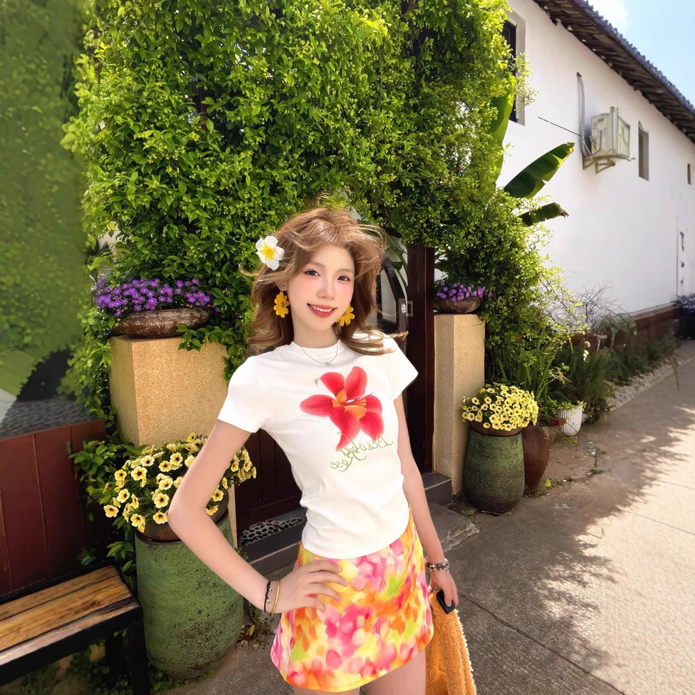 Besober Original Floral Print Short-Sleeved T-Shirt Women's Summer Slimming Look Right Shoulder Slightly Elastic Short Sexy Top