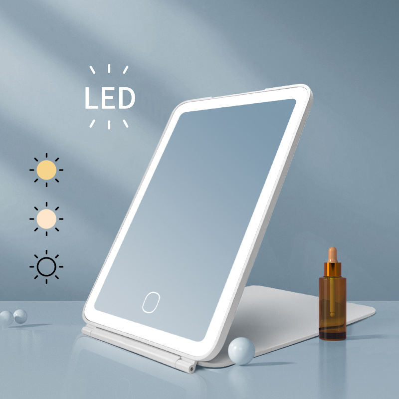 Portátil Flip espejo plano con luz LED espejo de maquillaje iluminación de tres colores estilo de mesa de escritorio de luz de relleno espejo plegable