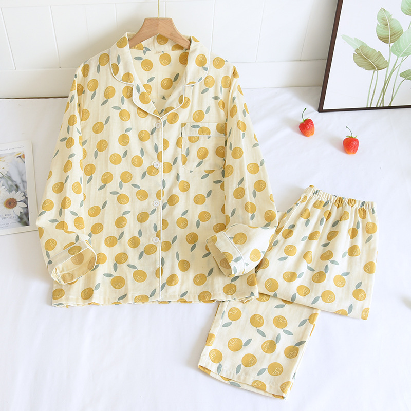 SXLイエローオレンジガーゼ開襟長袖パジャマ