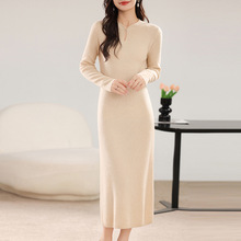 新款女抽条加厚复古中式盘扣纯羊毛旗袍裙修身针织女过膝中长毛衣