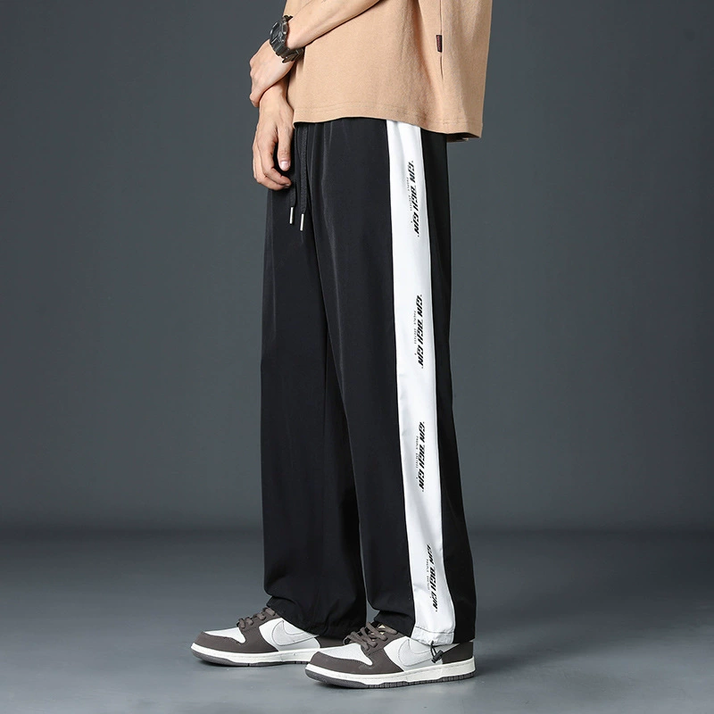 Длинные брюки Мальчики с шнуром из девяти очков Летние тонкие ледяные шелковые свободные прямые спортивные мужские брюки повседневные брюки