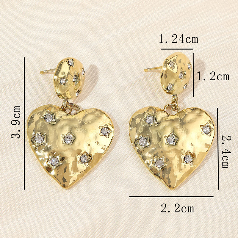 Gold Heart Stud Earrings With Star Diamond For Trendy Style_voghion.com