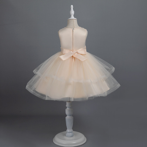 Children's formal dress, princess-style gown with a modern flair—perfect for piano performances or hosting events; birthday-inspired, netted, voluminous evening wear; flower girl's short skirt.