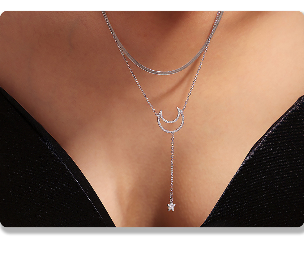 Square Sugar Starry Moon Set With Zircon Tassel Double Layered Clavicle Necklace, Feminine Style Bracelet, Titanium Steel Minimalist Set_voghion.com
