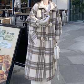 大码加棉内里格子毛呢外套新款新品感冬季加厚长款呢子大衣女新品