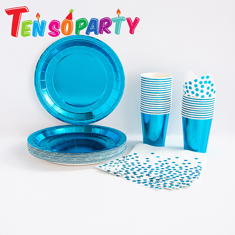 Dorado oro rosa desechable mantel vajilla traje taza de papel plato de papel fiesta de cumpleaños pastel de tejido Decoración