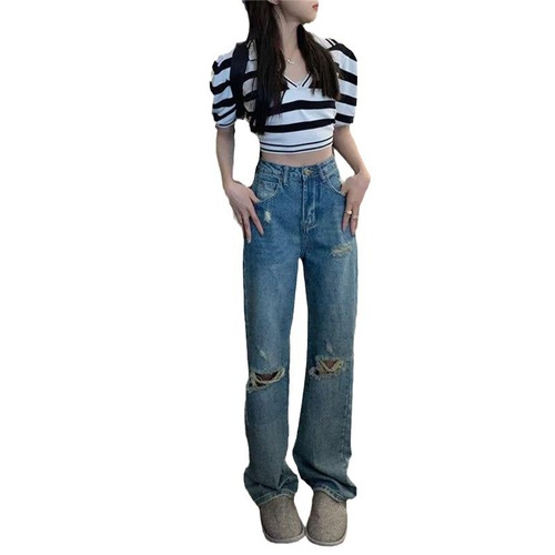 American Retro High Street Ripped Denim Pants for Women - Spring and Autumn Tall Waist Straight Leg Loose and Slim Versatile Wide Leg Pants