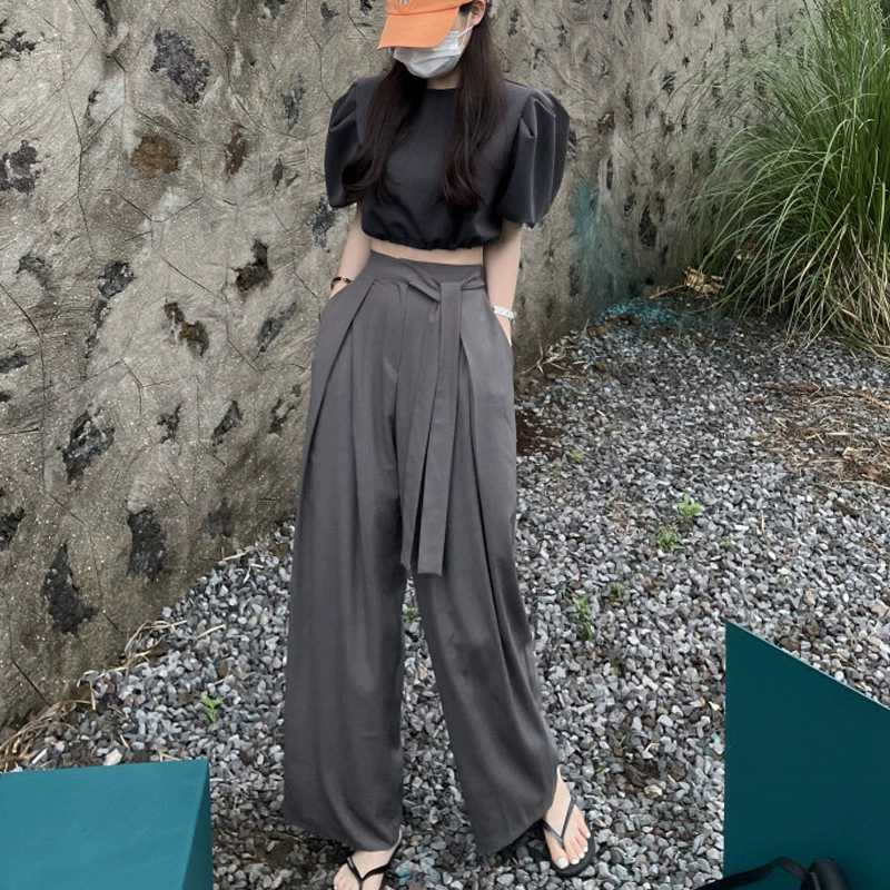 Серые драпированные повседневные широкие брюки на шнуровке, прямые брюки с высокой талией, свободные утягивающие длинные брюки, брюки длиной до пола