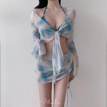 2025年泳衣女高级感性感比基尼分体四件套少女扎染沙滩度假泡温泉