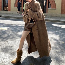 跨境宽松慵懒风长款针织开衫上衣女秋冬新款韩版软糯立领毛衣外套